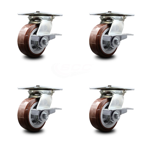 5 Inch Heavy Duty Polyurethane Caster Set with Ball Bearings and Brakes SCC